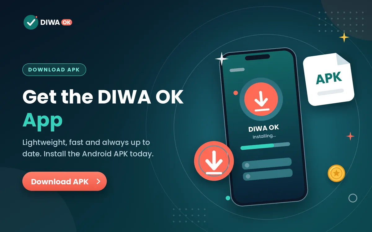 Phone installing the Diwa Ok app next to an APK file icon