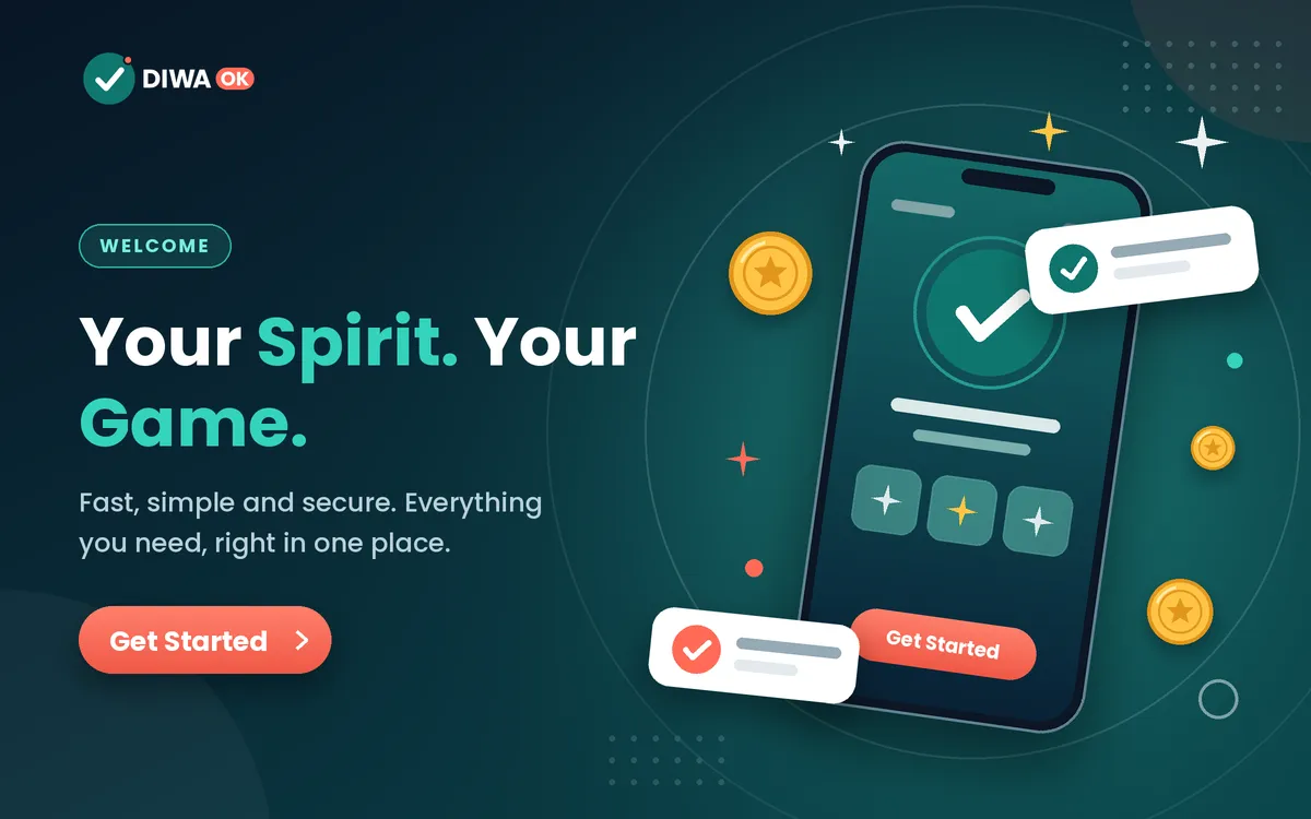Diwa Ok app preview with a check mark, coins and notifications