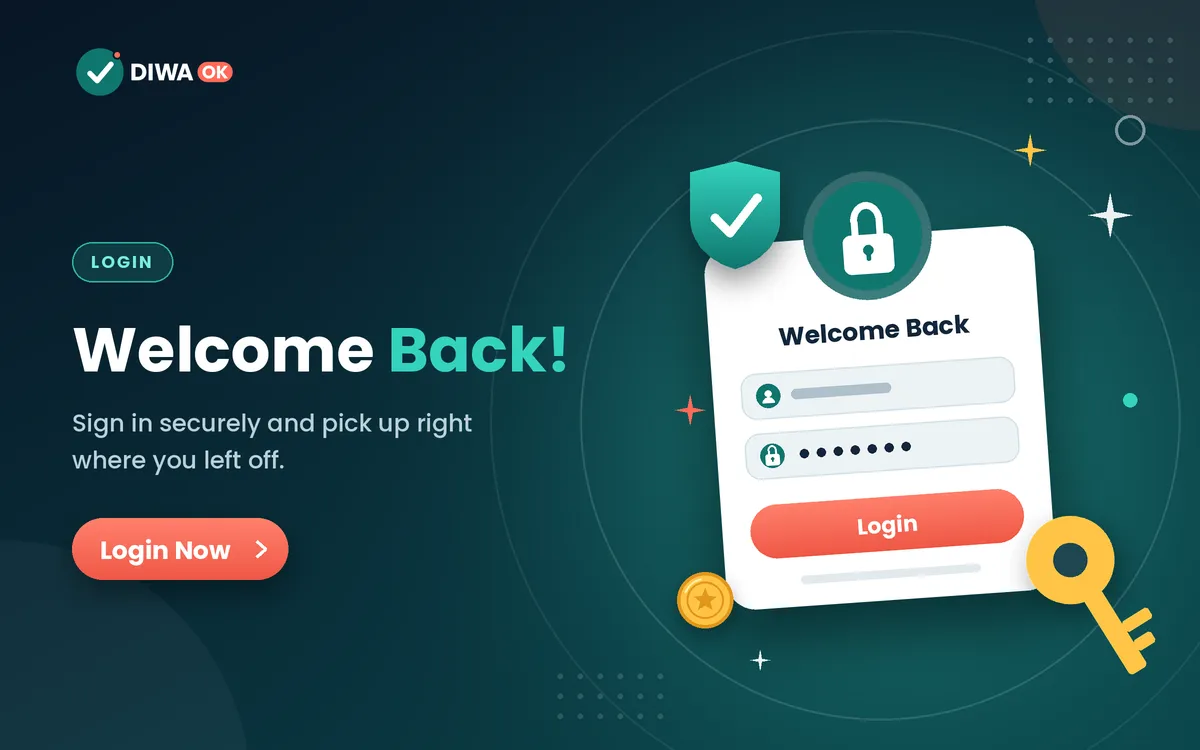 Diwa Ok login card with a padlock, a shield and a golden key
